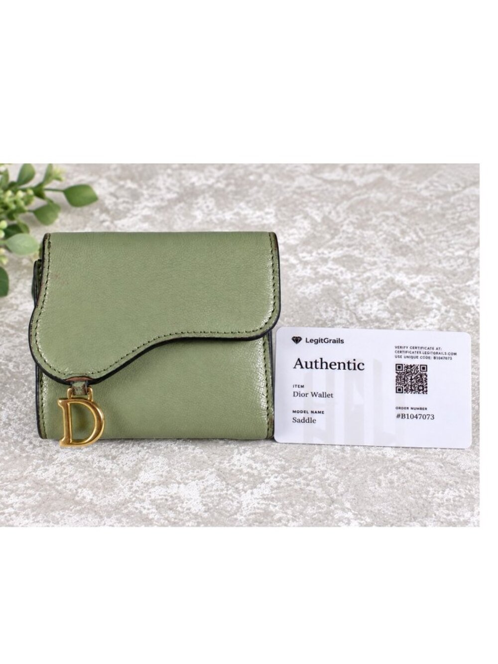 Authentic Christian Dior Saddle Wallet Sage Green Leather Gold D Charm